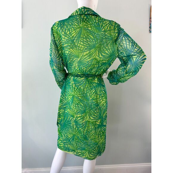 ICE Vintage Silk Wrap Dress Green Tropical Palm Print Chiffon Midi Summer Sz 12 - Picture 2 of 11